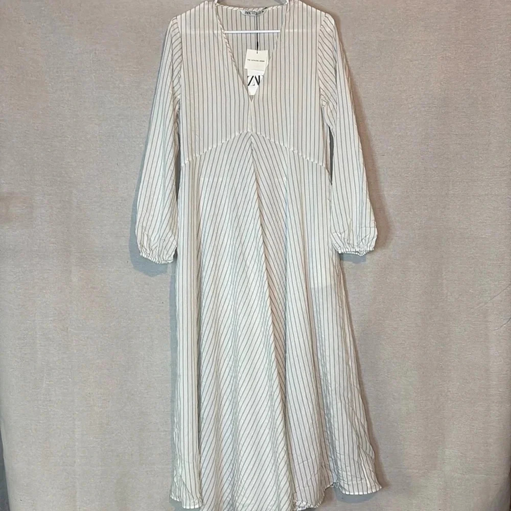 Zara White and Gray Striped Maxi Dress